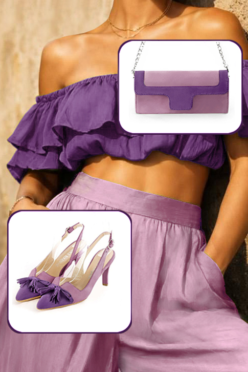 Women's amethyst purple and mauve purple elegant slingback heels, with a bow on the front. Tapered toe. High slim heel - Top view